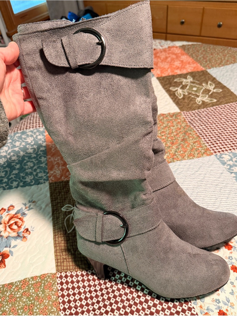 Women’s - Gray Slouch Mid Calf Heeled Boots Buckle Accent Size 9